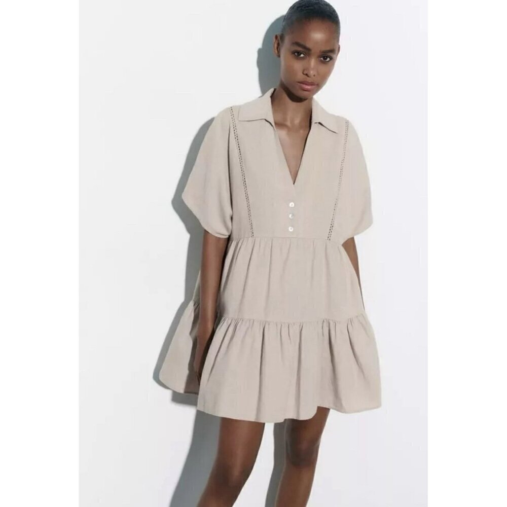 Zara Lace Trim Linin Blend Mini Dress Sand Size Medium Collared Short Sleeve